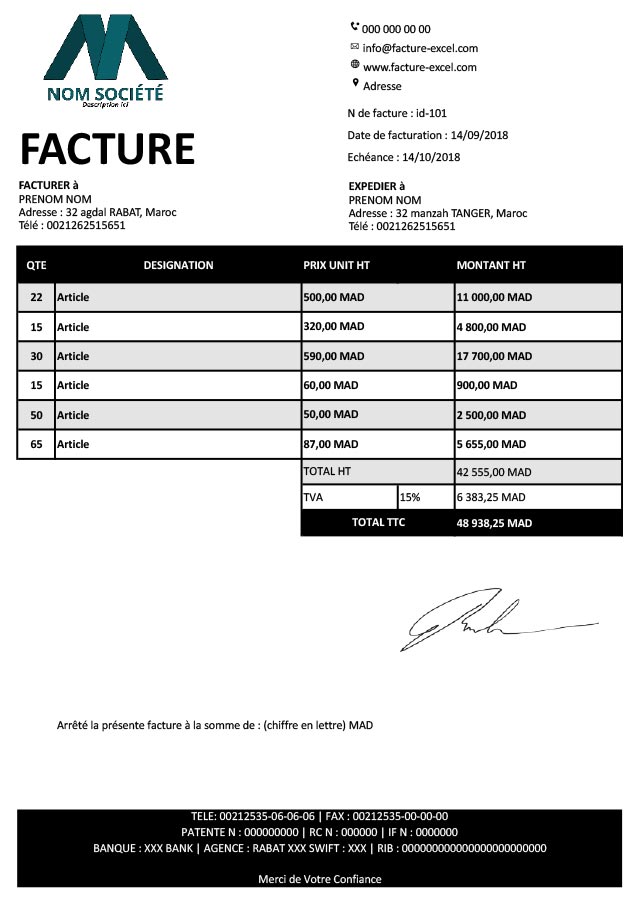 facture Marocaine au format Excel et Word