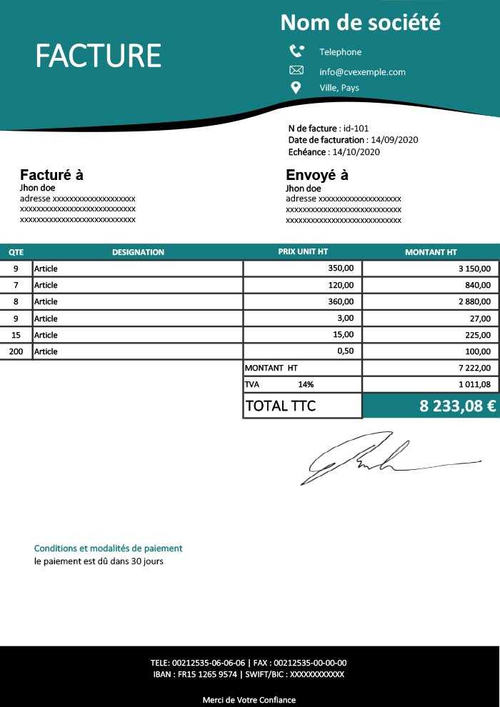 Facture Moderne sous format Excel