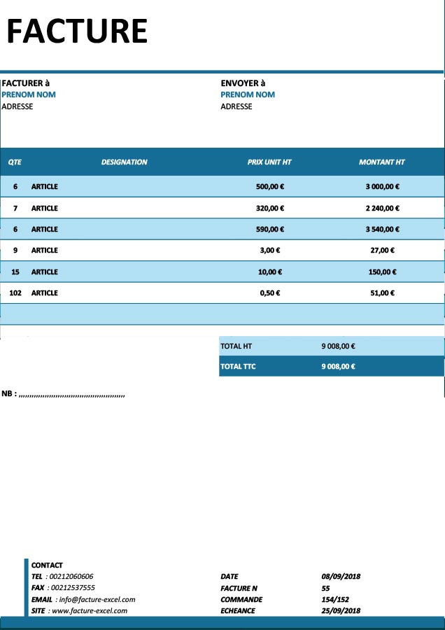 Facture Sans TVA au format Excel à Télécharger