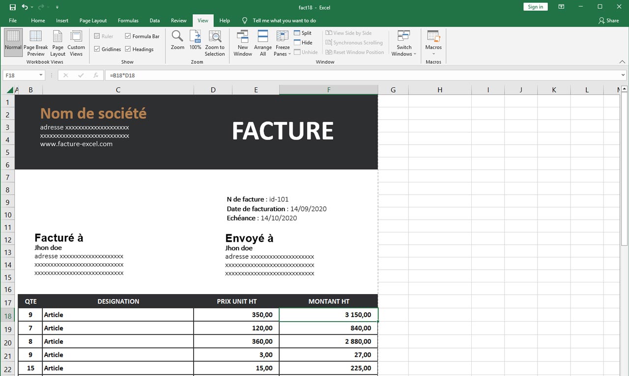 facture sur programme excel