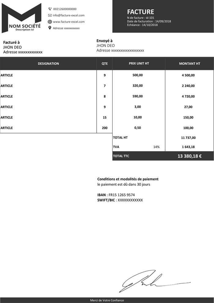 Exemple de facture au format xlsx gratuit à télécharger